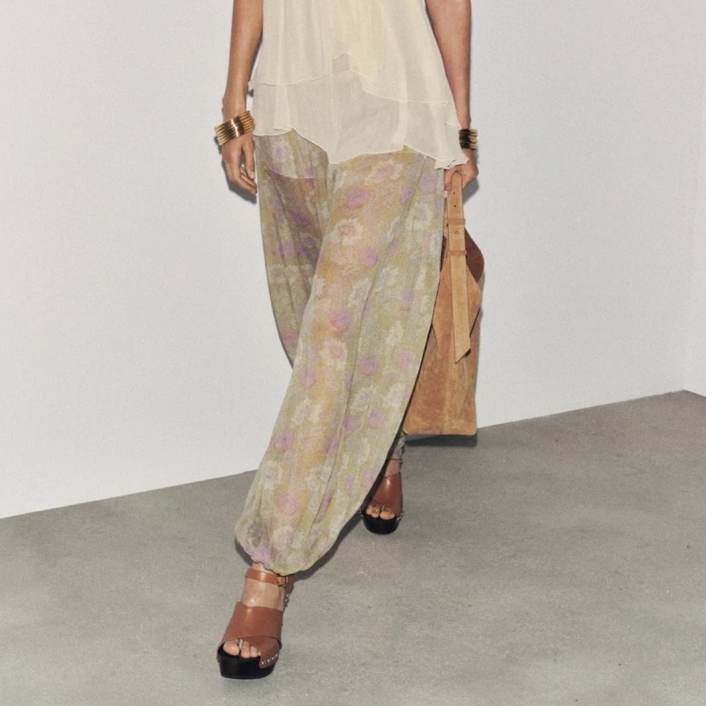 Zara Floral Sheer Track Pants in Cream and Lavender